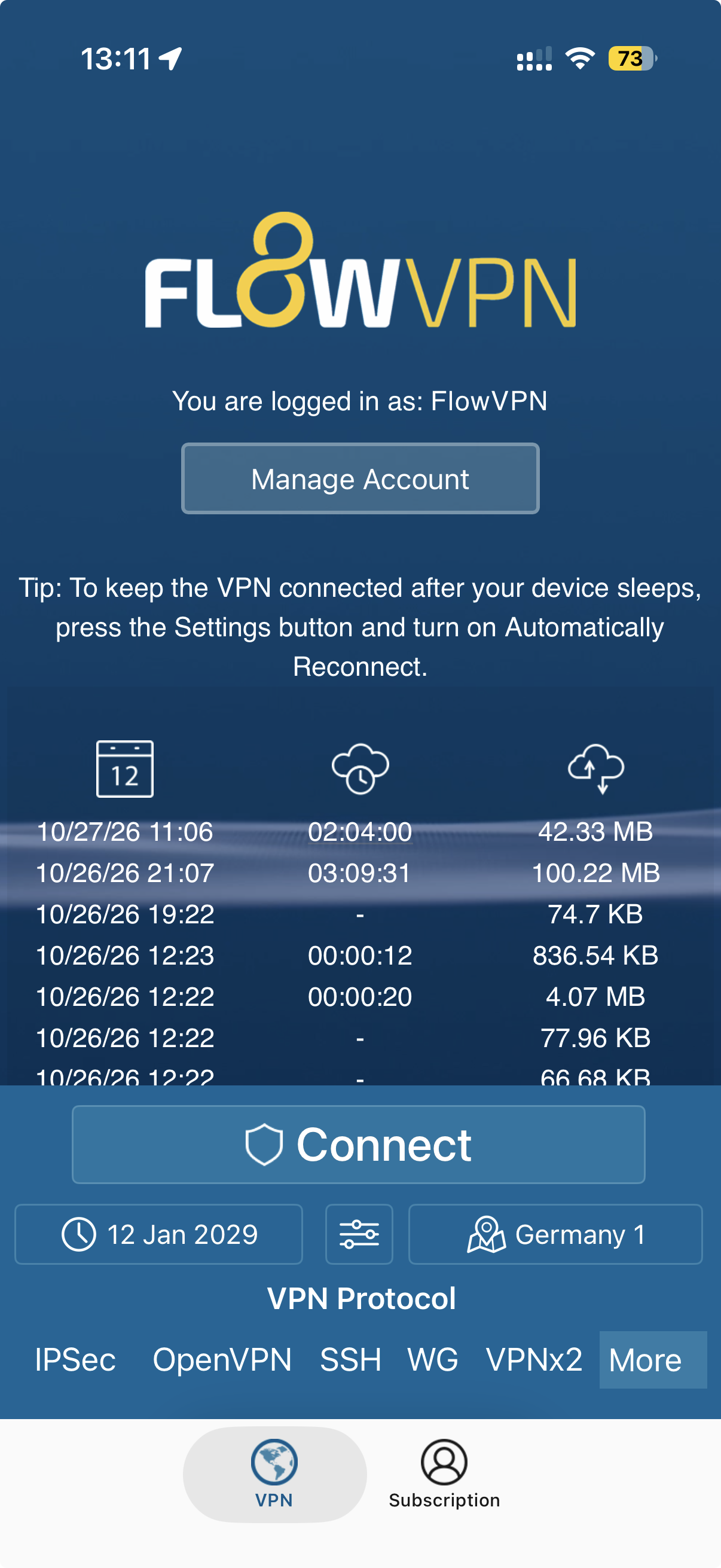 FlowVPN iOS app showing the More button on the right of VPN Protocol